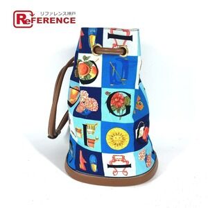 Gucci All Over Logo Drawstring Shoulder Bag Leather Canvas Blue